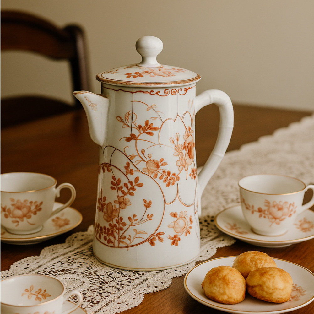 Antique Japanese Chocolate Pot | Early 1900s Gilded Orange Floral Porcelain